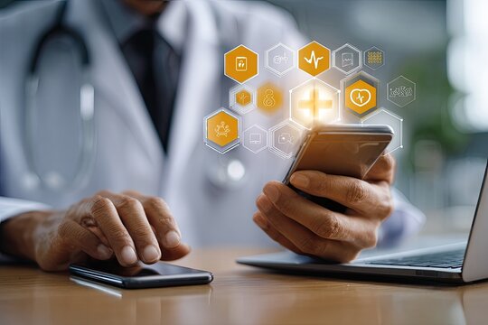 Doctor using a smartphone with medical icons overlayed