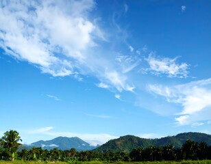 Fototapeta premium Lush Green Valley Blue Sky Clouds.