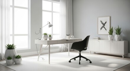 Fototapeta premium Modern Minimalist Home Office: Bright, Airy, and Stylish Workspace with Plants.