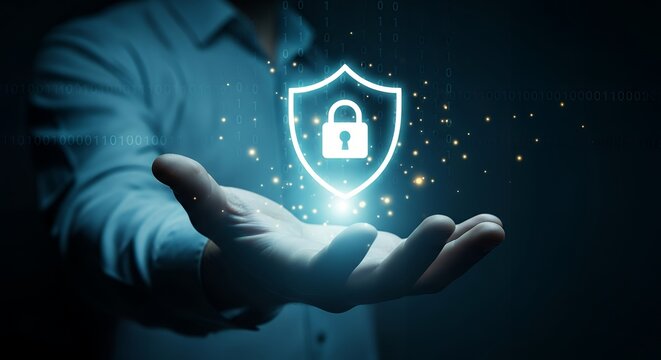 A glowing digital shield with a padlock icon hovers above an open human hand against a background of binary code and sparkling lights Security Data Technology
