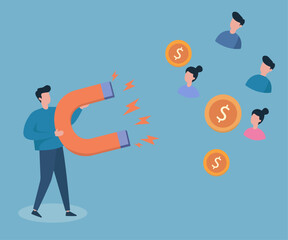 A businessman uses a giant magnet to attract customers and money, symbolizing marketing, lead generation, and business growth