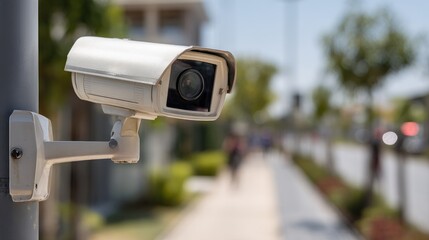 Security Camera Observing Busy Urban Street with Blurred Pedestrians Walking on Sidewalk in Daylight