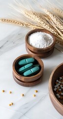 Teal pills, wheat, flour, grains, marble table, healthy supplement