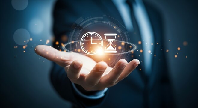 A person's hand holds a glowing digital interface displaying a clock and hourglass representing time management and efficiency in business deadline schedule