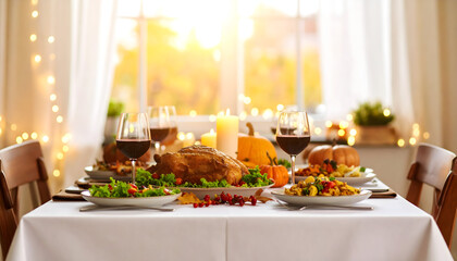 Festive Holiday Dinner Table with Roast Turkey