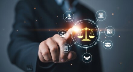 Legal Professional Engaging with Scales of Justice Icons in a Business Environment, Conceptual Graphic Illustration