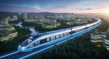 Naklejka premium Futuristic Blue Train Traveling Through Green Sustainable Cityscape