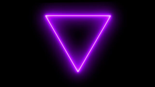 Glowing neon triangle icon animation on black background. Abstract neon triangle frame animation. Neon triangle shape, Seamless looping background.