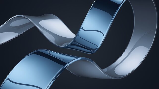 3d abstract liquid glass transparent ribbon wave line on dark blue background. Render gradient water tape, fluid flow curve shape with flare and light refraction on neon black bg. 3D illustration
