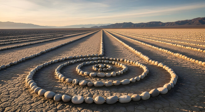 Ephemeral artwork on the arid plains, where time unfolds with a mesmerizing spiral of stones leading to distant mountains beneath a serene horizon, embodying a dance between geometry and nature