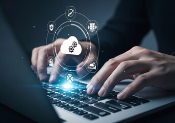 Hands on Laptop Keyboards, Technology Environment, Digital Interface Viewpoint, Data Management Concept