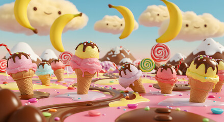 Obraz premium surreal image of giant ice cream and bananas