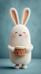 Cute furry rabbit playing a drum in a vibrant setting.