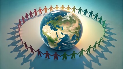 Fototapeta premium Global unity concept with diverse people holding hands around the world, symbolizing international cooperation and togetherness for a sustainable future