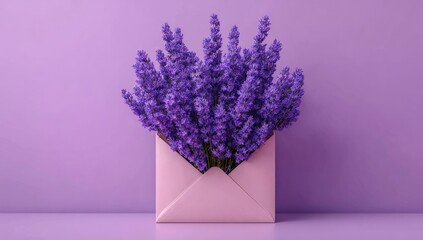 Lavender bouquet in pink envelope, purple background, springtime message