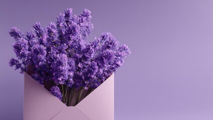 Lavender bouquet in pink envelope, purple background; invitation, greeting