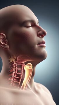 Detailed Medical Visualization of Illuminated Thyroid Gland and Neck Anatomy on Young Person with Closed Eyes and Head Tilted Back Against Gradient Backdrop Medical Stock Video