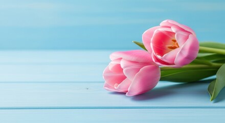 Elegant Pink Tulips Resting on a Serene, Textured Light Blue Wooden Surface