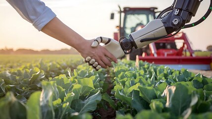 A handshake between a human and an AI robot hand in a green field, showcasing collaboration, innovation, and the integration of technology in modern agriculture