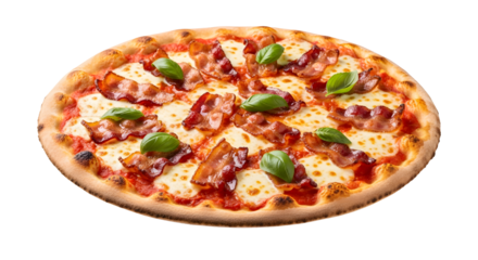 Pizza with bacon, mozzarella, and basil leaves on transparent background