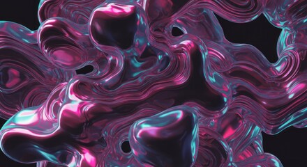 Abstract Iridescent Fluid Waves with Pink and Cyan Highlights on Dark Background