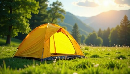 Bright yellow camping tent pitched in sunny meadow, summer, landscape