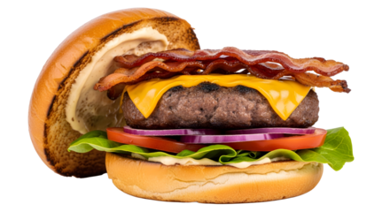 Close-up of a burger with bacon, cheese, and vegetables on transparent background