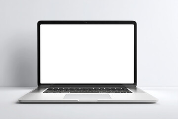 Modern silver laptop computer with blank white screen isolated on white background