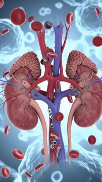 Detailed Medical Animation of Human Kidneys with Blood Vessels on Light Blue Background Perfect for Medical Presentations and Educational Purposes Visualizing Kidney Function and Health Science