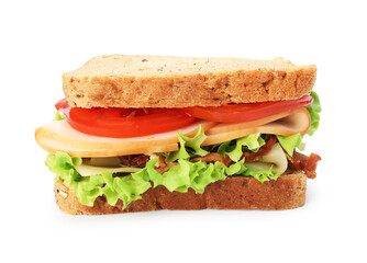 Tasty sandwich with ham, bacon, cheese and vegetables isolated on white