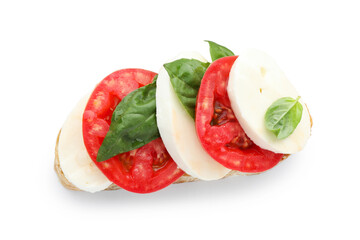Delicious sandwich with mozzarella cheese, tomatoes and basil isolated on white, top view