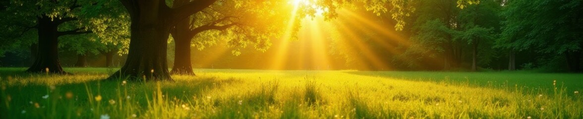 Golden sunlight bathes lush green trees and meadow Summer scene , serene, foliage