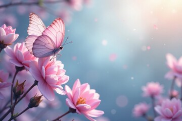 Pastel pink & lavender butterflies flutter amidst soft floral blooms , photo, nature