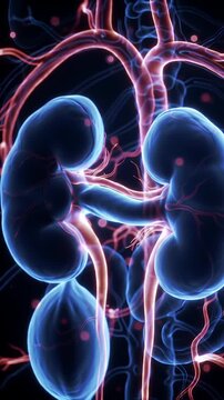 Illuminated Human Kidneys Animation Displayed Against a Deep Inky Black Background, Interwoven with Glowing Red and Pink Arteries and Veins, Perfect for Medical Presentation and Emphasizing Renal