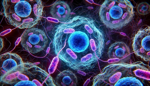 Microscopic view of bacteria and cells, depicting a biological infection or cellular interaction