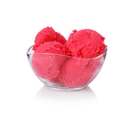 Delicious raspberry sorbet in bowl isolated on white