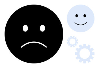Fototapeta premium Sad face in black contrasts with happy face in light blue alongside gears, suggesting transition, innovation, emotional progress. Ideal for emotions, transformation, mental health, contrast