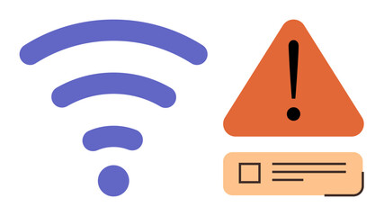 wireless signal icon next to warning triangle with exclamation point and document. Ideal for technology issues, troubleshooting, connectivity problem, internet error, caution, digital safety, simple