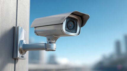 Modern Outdoor Security Camera Mounted on a Post with Blue Sky Background and Urban Environment in Soft Focus