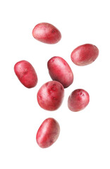 Fresh red potatoes falling on white background