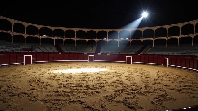 Bright spotlight illuminates an empty bullring in Spain, showcasing the historical venue's unique architecture and ambiance