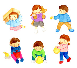 手描き水彩の遊んでいる子どもたちのイラストセット/ Hand-drawn Watercolor Illustration Children Playing Set