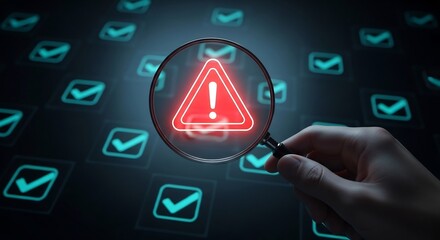 Hand Holding Magnifying Glass Over Warning Signs in Digital Environment
