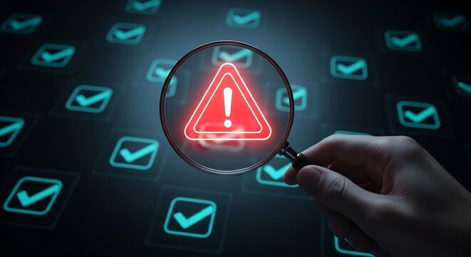 Hand Holding Magnifying Glass Over Warning Signs in Digital Environment