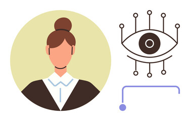 Profile of a woman in formal attire beside a digital eye with circuitry, symbolizing AI, technology integration, analytics, digital transformation, innovation, data insights, and future advancements
