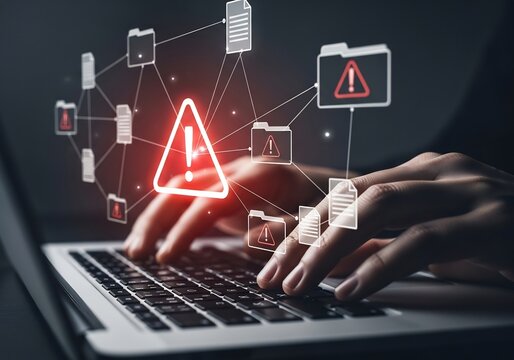 Hands Typing on Laptop with Warning Symbols in Dark Environment, Digital Security Concept, Technology Focus