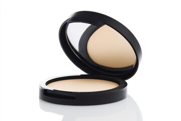Open compact makeup powder in black case on white background