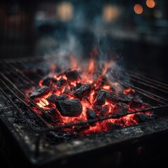 Close-up of Burning Charcoal on Barbecue Grill with Flames – Realistic Fire Background