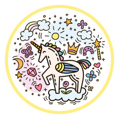 Funny doodle style unicorn in a circle vector illustration