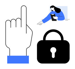 Hand pointing upward, woman holding clipboard pointing ahead, and padlock emphasizing interaction, direction, and cybersecurity. Ideal for communication, instruction, organization, education